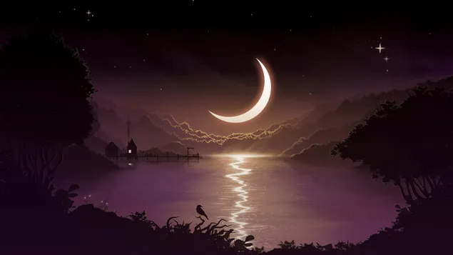 Crescent over Lake 4K wallpaper