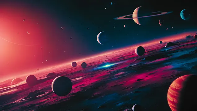 grimizni kosmos - planete lutaju kroz kosmos tamnotsrvene boje, stvarajutshi dramatichnu i onostranu stsenu preuzmi