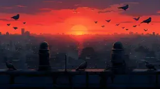 Tapeta Crimson Horizons: Pohled ze střechy na ptáky a západ slunce nad městem 8K