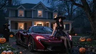 Crimson McLaren with a Witch at Halloween 2K wallpaper