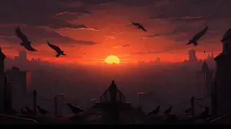 Tapeta Crimson Skyline: Ptáci vznášející se nad městem při západu slunce 8K