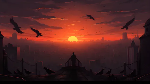 קו הרקיע של ארגמן: ציפורים ממריאים מעל עיר בשקיעה 8K טפט