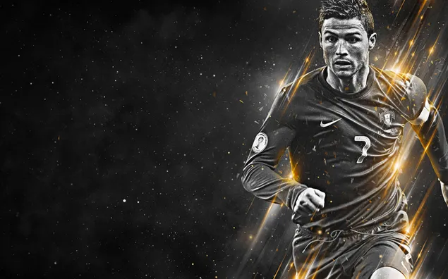 Cristiano Ronaldo dengan foto hitam putihnya pada gambar yang dihias dengan lampu kuning unduhan