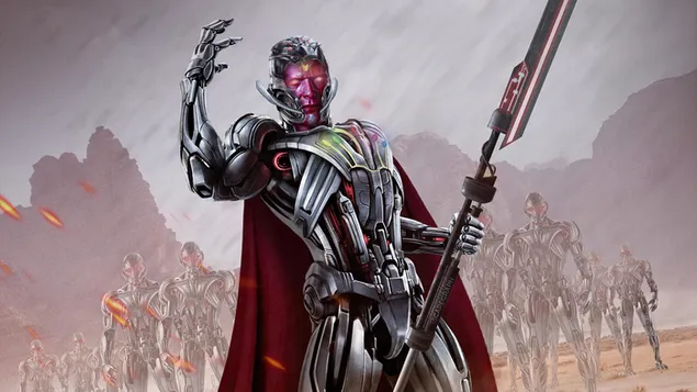 Crossover van visie en Ultron die commando's geeft aan hun Ultron-leger 4K achtergrond