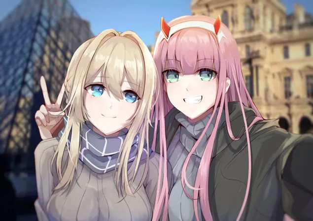 Crossover - Violet Evergarden & Zero Two 2K bakgrunn
