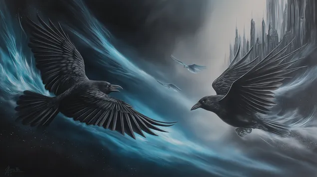 Tapeta Vrány v dynamickém letu poblíž vzdálené městské krajiny 2K