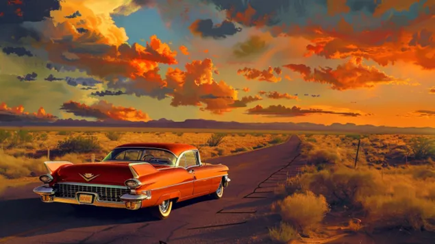 Vaar over Route 66 in een vintage Cadillac 8K achtergrond