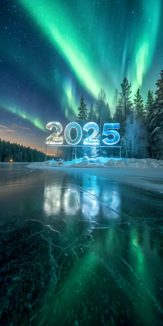 Kristall „2025“ auf einem reflektierenden zugefrorenen See mit frostigen Bäumen und Polarlichtern 2K Hintergrundbild