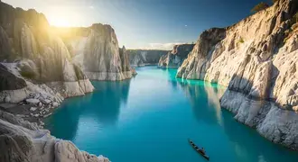 crystal-clear turquoise water flows through dramatic white rock canyons, highlighted by golden sunlight and a serene boat gliding peacefully along the download