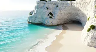 crystal-clear turquoise waves gently meet a pristine white sand beach with dramatic white cliffs and a tranquil shaded cave. download