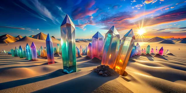 Horizonti i shkretëtirës kristalore me kristale të tejdukshme që reflektojnë dritën e diellit në një spektër verbues 4K sfond