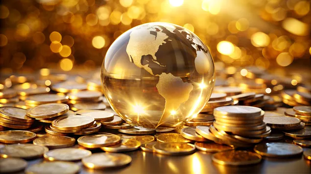 גלובוס קריסטל על מטבעות זהב מקרין אור ויוקרה 4K טפט