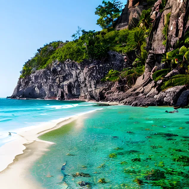 playa de aguas cristalinas con arena blanca y formaciones rocosas descargar