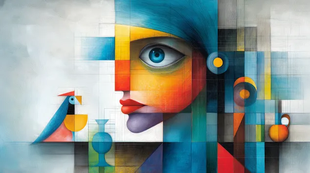 Kubistiese portret met voël en geometriese elemente, Picasso-Feininger 2K muurpapier