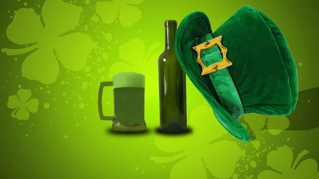 Kopper og champagneflasker i en grøn baggrund firkløver baggrund download