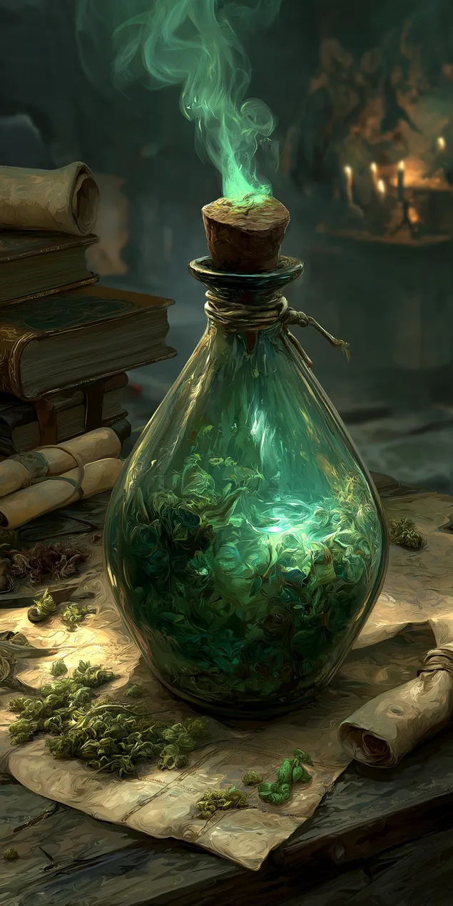 muat turun eliksir kuratif dalam dekanter kaca pada meja kayu desa