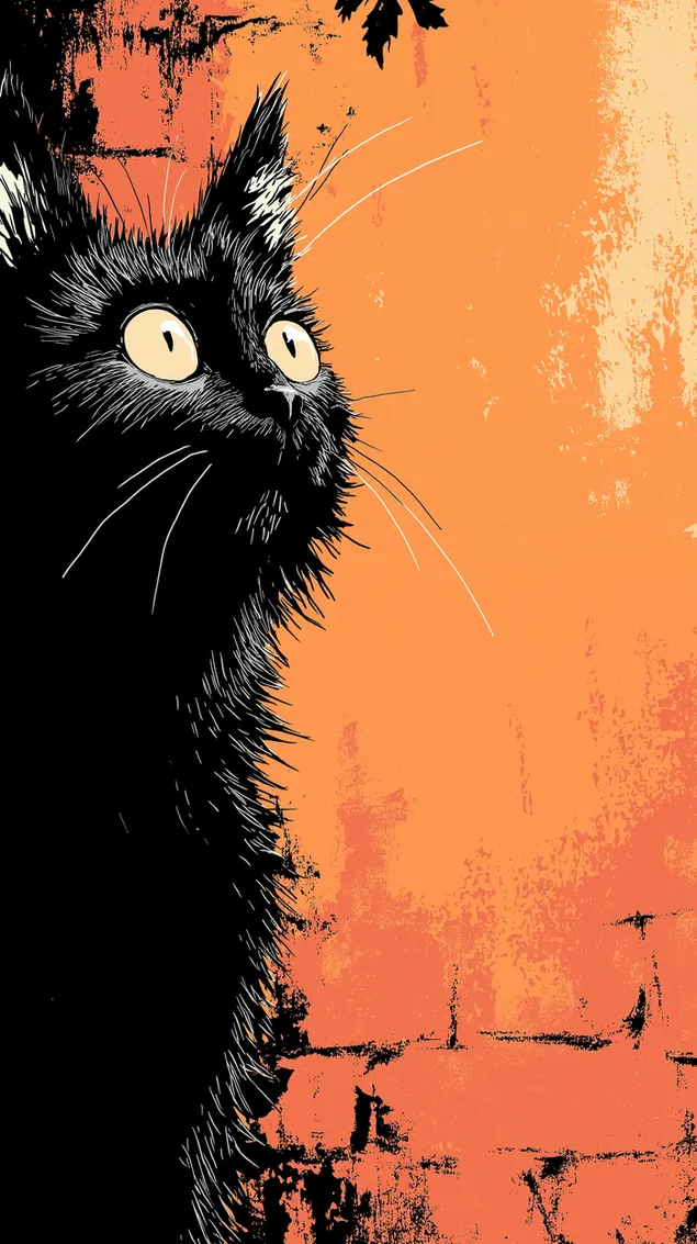 Nuuskierige Swart Kat met Helder Oë op 'n Getekstureerde Muur HD muurpapier