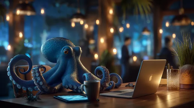 nysgjerrig blaekspruttefigur ved et lysende kontorpult nedlasting