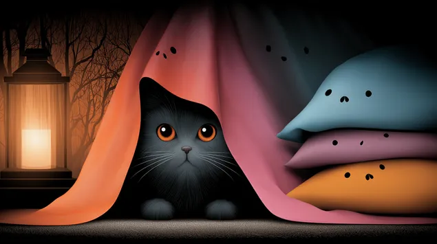 Љубопитна мачка ѕирка од пријатно засолниште под ќебе 2K тапет