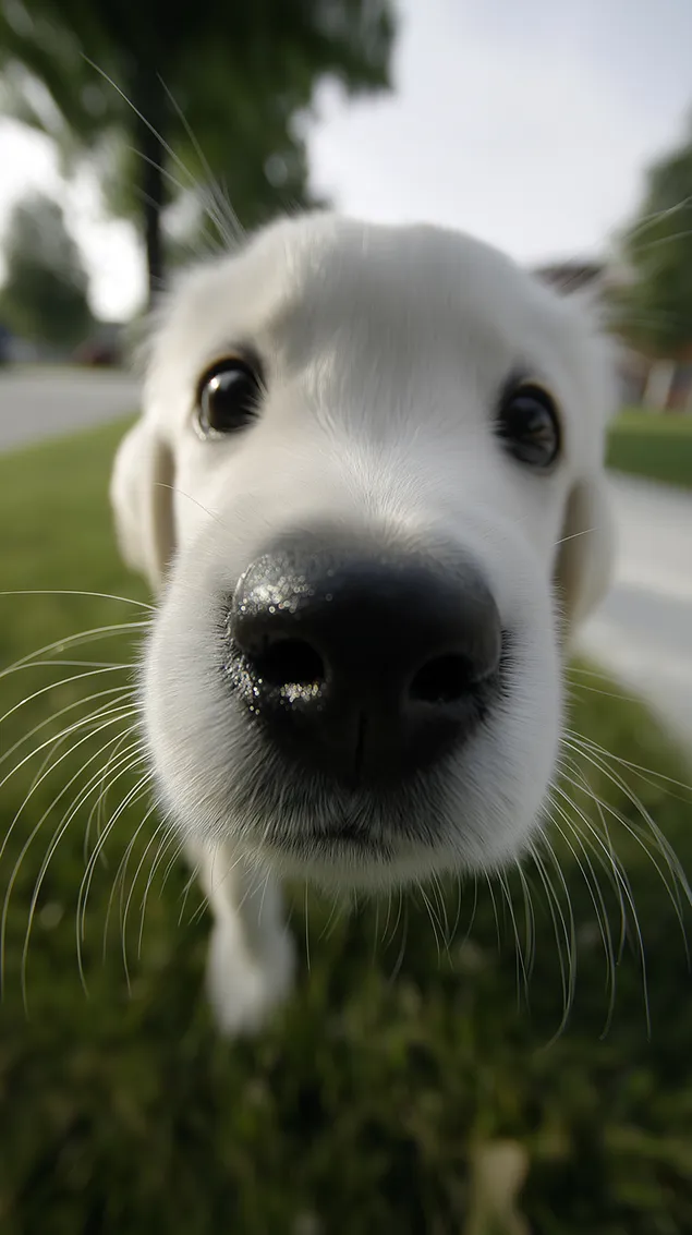 Hunda e lagësht e një këlyshi kurioz të racës Golden Retriever mbush kuadrin në një pamje shumë të afërt HD sfond