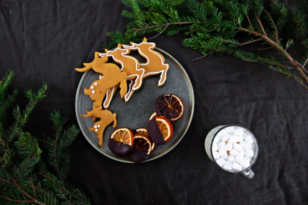 Hình nền Cookies tuần lộc dễ thương và nghệ thuật và Choco nóng với Marshmallow 4K
