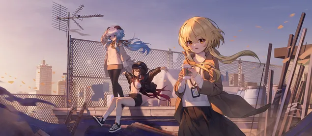 Cute anime girls at the building top | Genshin Impact  4K wallpaper