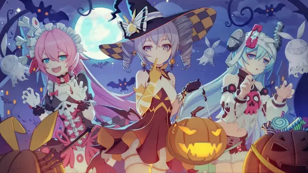 Leuke anime-heksen op Halloween-nacht