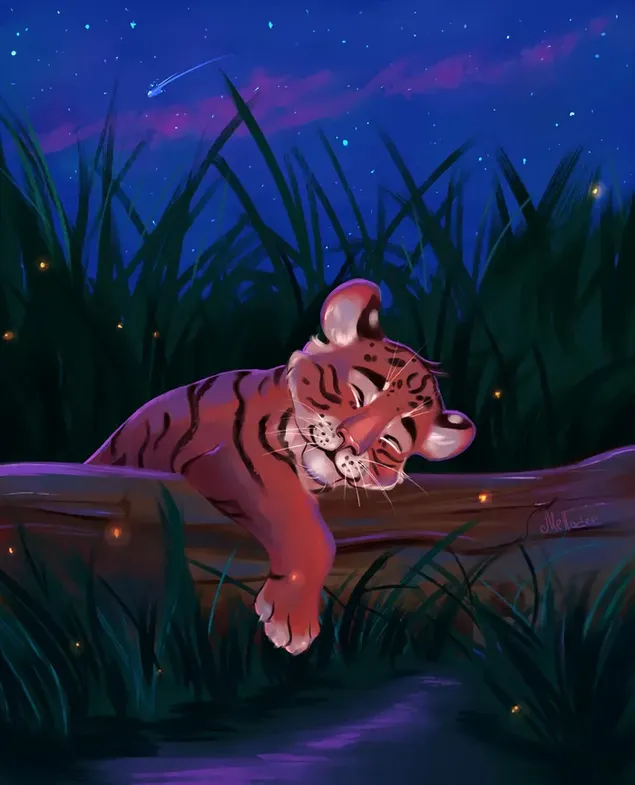 Lindo cachorro de tigre bebé durmiendo con madera sobre hierba bajo las estrellas por la noche