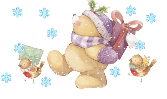 Fondo de pantalla de concepto de Navidad lindo oso y pájaros 4K fondo de pantalla