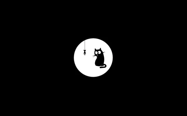 Lindo gato negro mirando la caña de pescar a la luz de la luna llena sobre fondo negro