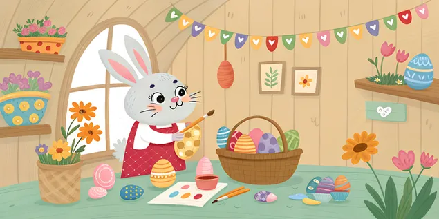 slatki crtani zeko ukrasava jaja u potkrovlju preuzmi