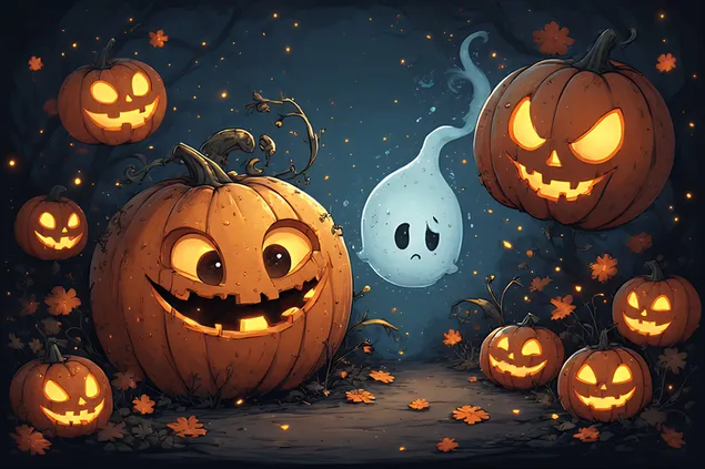 Personaj hibrid de dovleac fantomă de desene animate, design jucăuș kawaii de Halloween 2K imagine de fundal