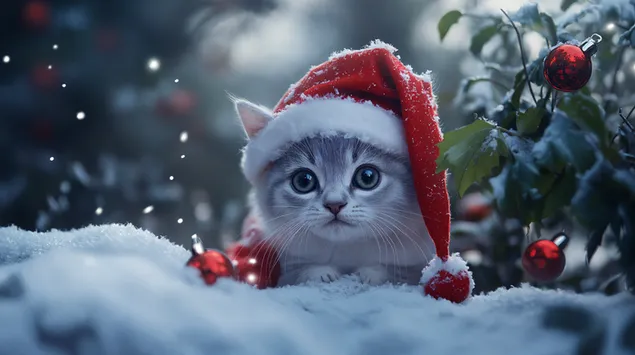 Ljubka mačka v božičnem kostumu na snegu 4K ozadje