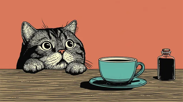 Слатка мачка со големи очи гледа во шолја за кафе 2K тапет