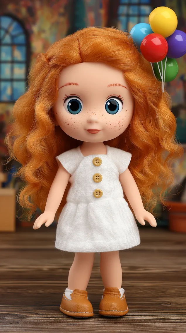 Sød dukke med rødt krøllet hår, blå øjne og hvid kjole HD baggrundsbillede