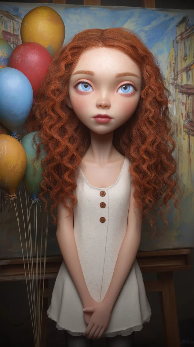 בובה חמודה עם שיער אדום, עיניים כחולות ובלונים HD טפט