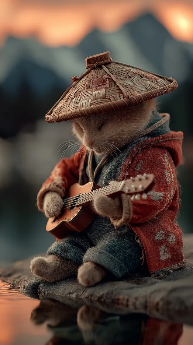 slatka macka muzicarka u kimonu sa slamnatim sesirom svira malu gitaru preuzmi