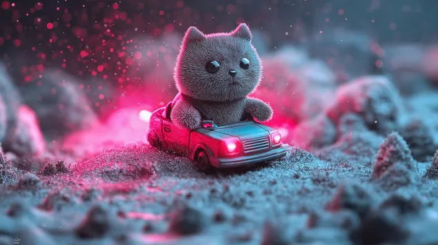 Ljubka puhasta mačka vozi majhen avto Fantazijski prizor 2K ozadje