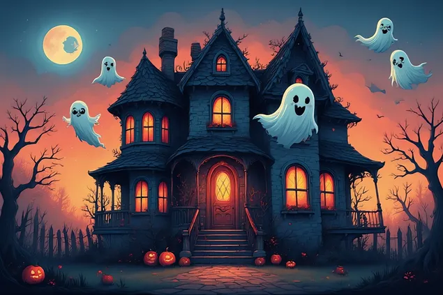 Cute ghost family floating in a pastel haunted house 4K wallpaper