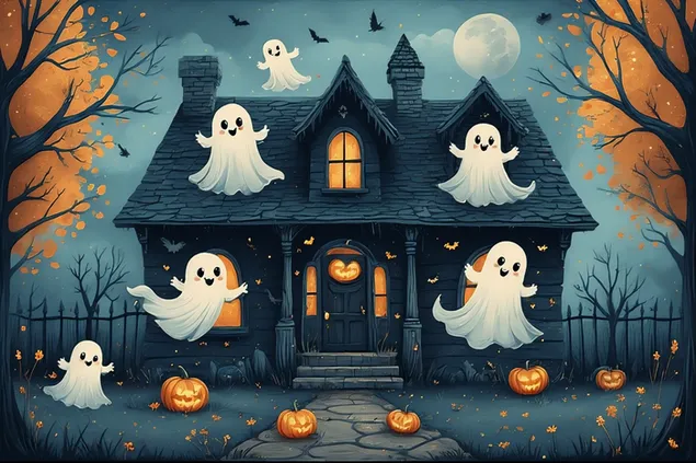 Simpatica famiglia di fantasmi che fluttua in una casa stregata color pastello, un'estetica di Halloween giocosa ma spettrale2 4K sfondo
