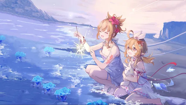 Die süßen Mädchen Klee und Yoimiya spielen zusammen | Ganshin-Einschlag HD Hintergrundbild