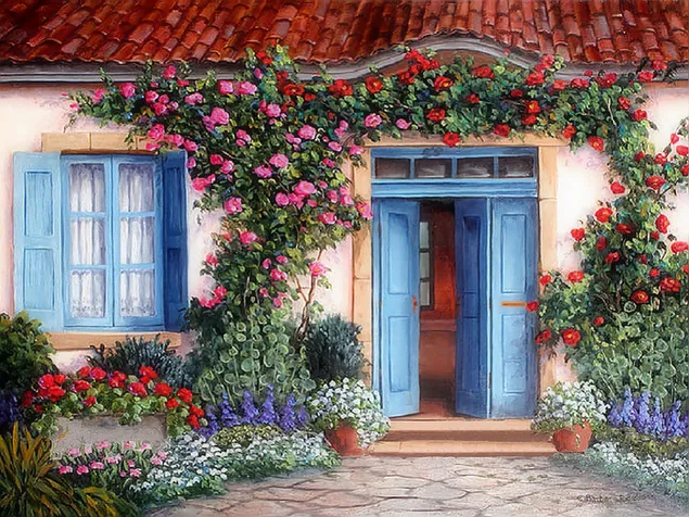 Schattig huis met bloemen HD achtergrond