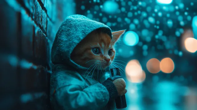 Prikupna mucka v puloverju s kapuco v deževnem mestnem okolju ponoči 2K ozadje