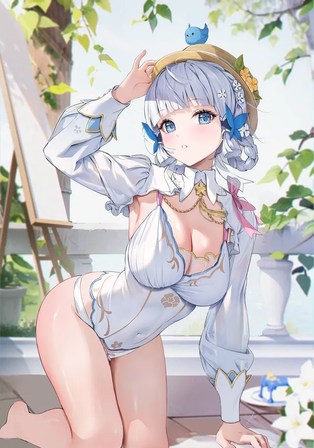 Niedlicher kleiner Vogel sitzt über dem Kopf des heißen Kamisato Ayaka | Genshin Impact 2K Hintergrundbild