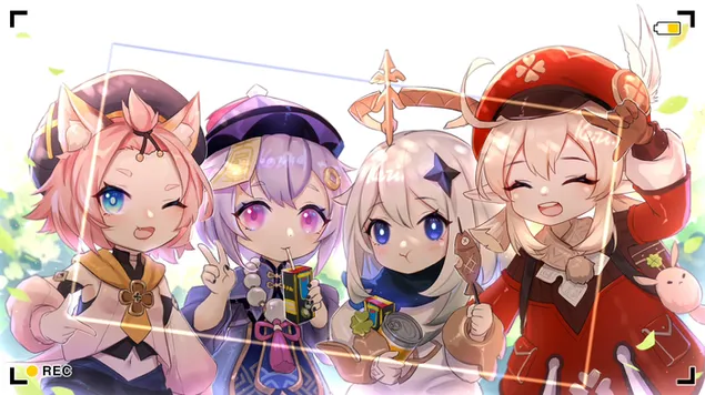 Kamera çerçevesine takılan sevimli küçük kızlar | Ganshin Etkisi 2K duvar kağıdı