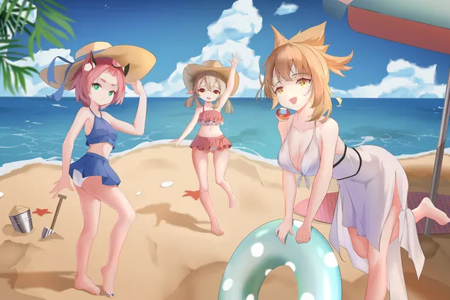 Páipéar balla Déanann cailíní beaga gleoite spraoi ar an trá | Tionchar Genshin4K