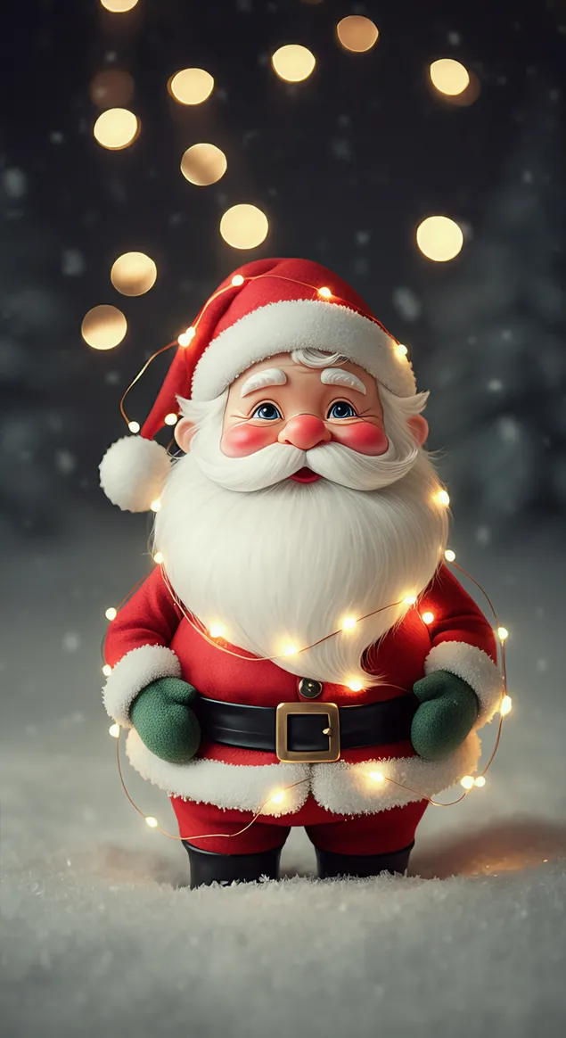 slatki mali djed mraz na snijegu s bozicnim svjetlima preuzmi