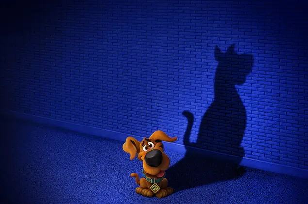 Srčkan mali scooby z veliko senco scoobyja v modri opečnati steni HD ozadje