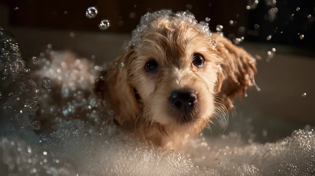 oulike hondjie met nat pels en seepskuim in 'n warm, borrelende bad aflaai