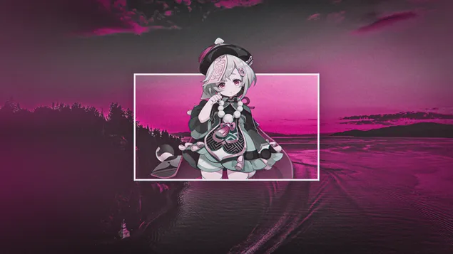 Tapeta Roztomilé Qiqi a růžové pozadí | Ganshin dopad 4K